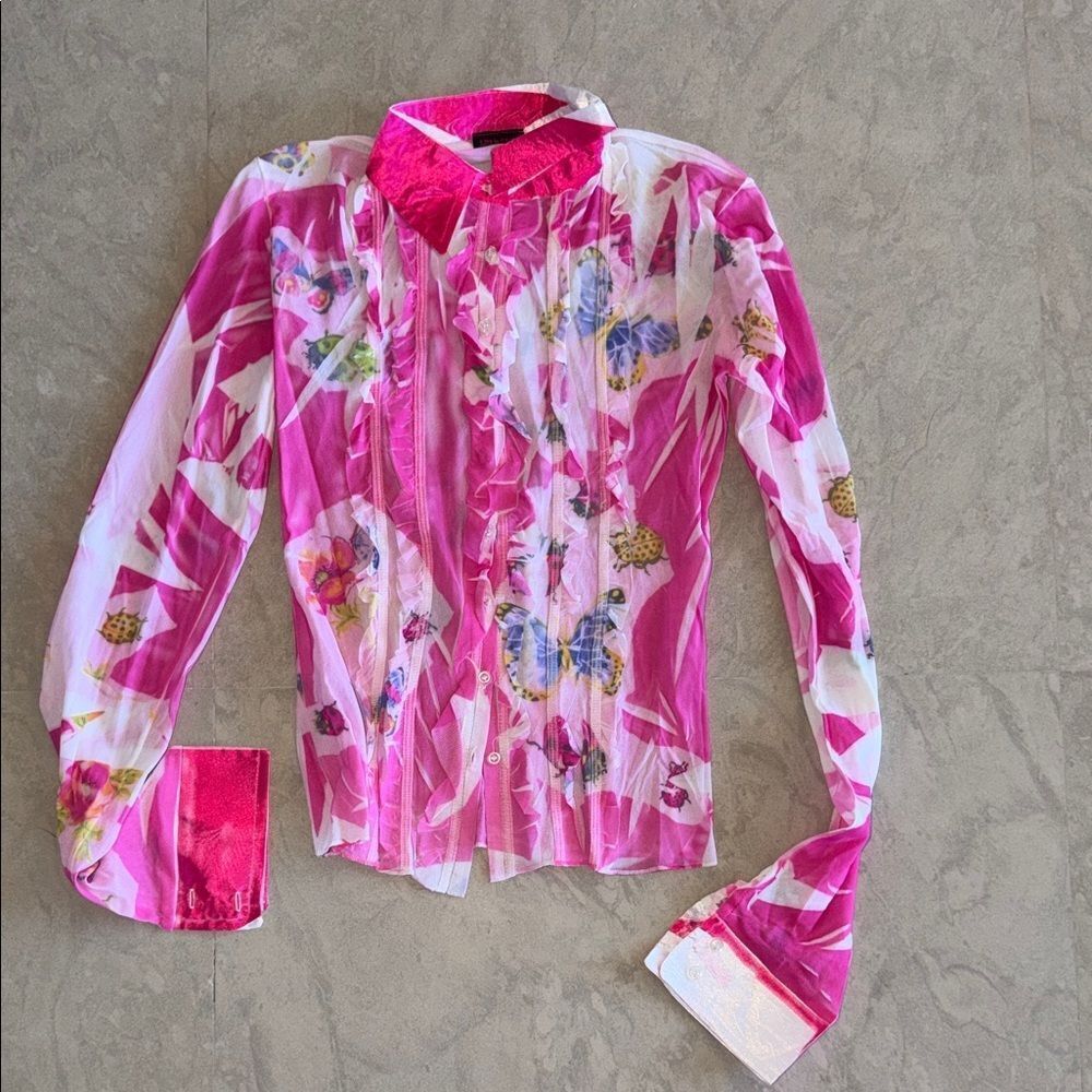 Vintage 90s Y2K Floral Pink Button mesh Down Shirt